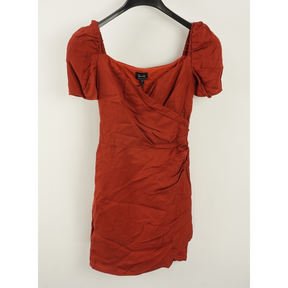New Bardot Women's Size 2 Faux Wrap Burnt Red Sweetheart Button Back Mini Dress